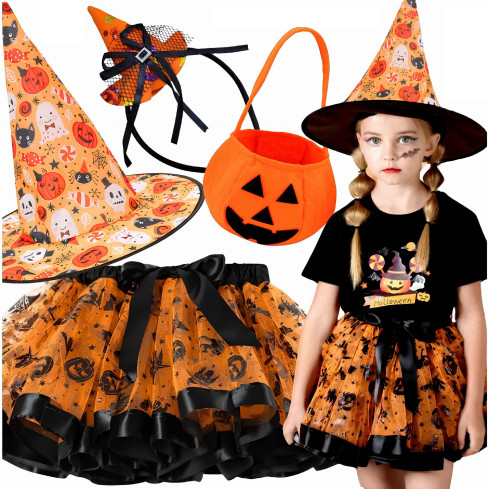 Witch costume, sorceress outfit, orange and black, for girls, for a Halloween party, set