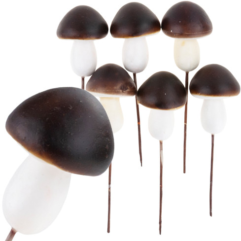 Dekorative Pilze auf Schirmen, Schaumstoff, braun und weiß, mit Draht, Satz von 6 Stück.