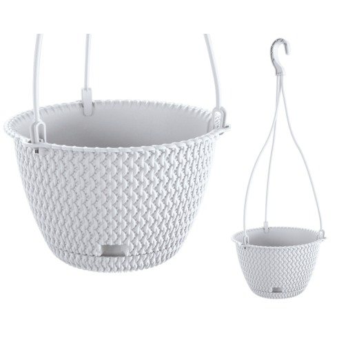 DSPW230-S449 3L Round Rattan Hanging Planter, White, with Hook, for Balconies and Patios