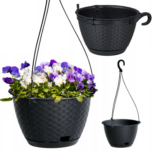 DSPW230-S433 23 cm round anthracite rattan hanging planter with hook, 3 L