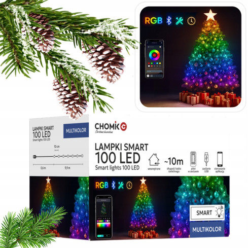 Smart LED Christmas tree lights, 100 bulbs, multicolor, with remote control, USB, 10+0.6 m