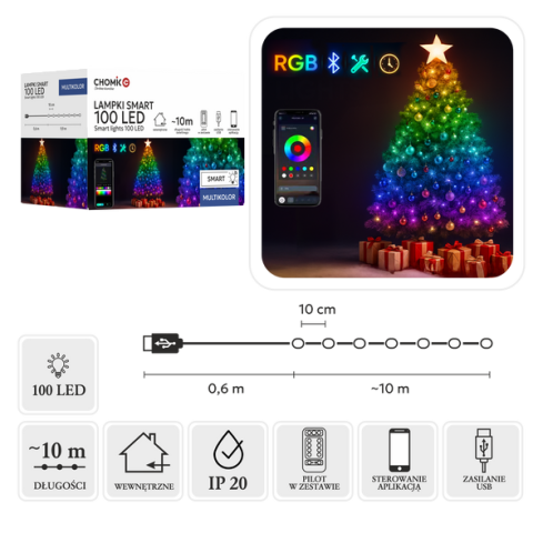Osvětlení na vánoční stromek smart, 100l, vícebarevné, s dálkovým ovládáním, USB, 10+0,6m