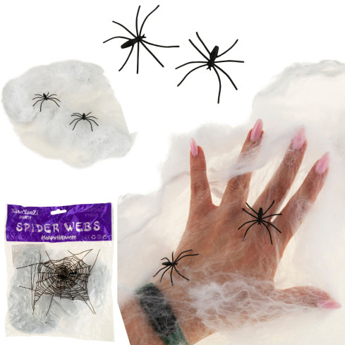 Artificial white spider web with spiders, Halloween decorations, 22g, 2 spiders