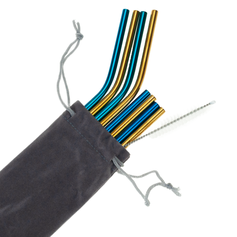 TG55948 METALL STROHHALME X8 ÖKO WIEDERVERWENDBARE REINIGUNG ETUI BLAU-GOLD