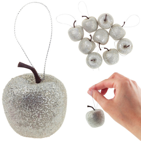 TG61386-1 Christbaumkugeln Apfel-Anhänger Glitzer-Apfel-Ornamente 9St. silber