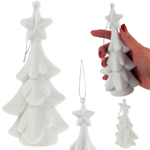 TG61460-1 WEIHNACHTSBAUM WEISS FIGUR ANHÄNGER BEFLOCKT PLÜSCHKUGEL