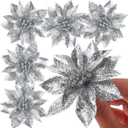 TG69142-2 SILBERNE GLITTER BLUMEN WEIHNACHTSDEKORATION SCHILF