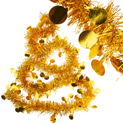 TG76142-2 Christmas tree string lights, gold garland with ornaments
