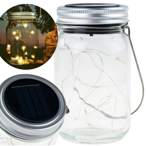 TG77618 LED zahradní lampa, solární závěsná lucerna, skleněná nádoba, drát 10 led teplá bílá