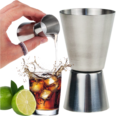 TG77668 DOPPELSEITIGER BAR-MESSBECHER METALL GLAS 25/50ML