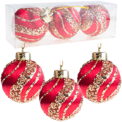 TG78532-3 Red and Burgundy Styrofoam Christmas Ornaments with Glitter and Hanger (Set of 3)