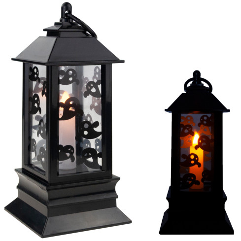 Led-Kerzenlaterne, schwarz, mit Gespenstermuster, Halloween-Dekoration, imitiert Flamme, 20cm hoch