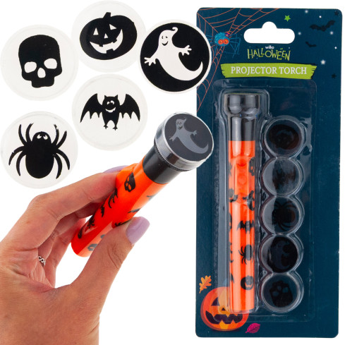 Projektor-Taschenlampe mit Kappen, Kunststoff, Mix aus Halloween-Motiven, batteriebetrieben, 5 Motive, Set