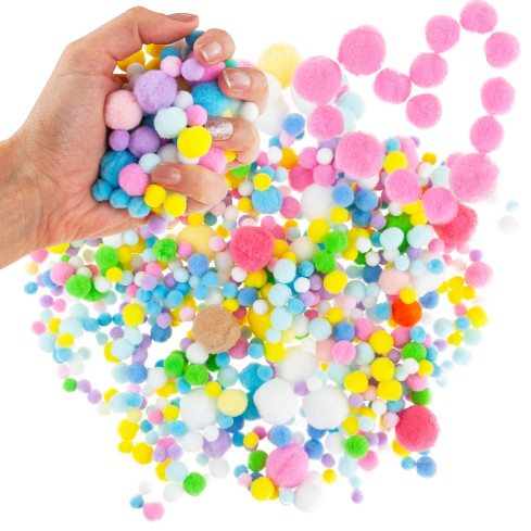 Creative pom-poms, plush, assorted colors, assorted sizes, pastel, 1–3 cm, set of 450