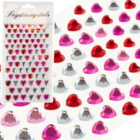 Self-adhesive crystals, rhinestone stickers, hearts, assorted colors, set of 87 pieces