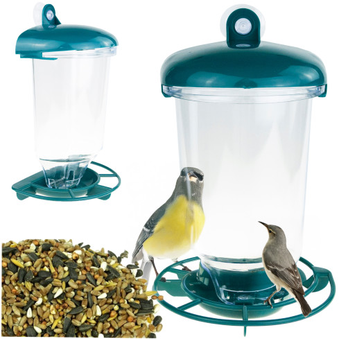 TG80443 Hanging bird feeder for seeds and grain, window-mounted, transparent, with a roof and a water dish