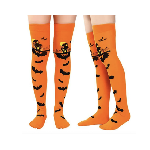 Knee-high stockings, orange, Halloween theme, with bats, for a party, 1 pair