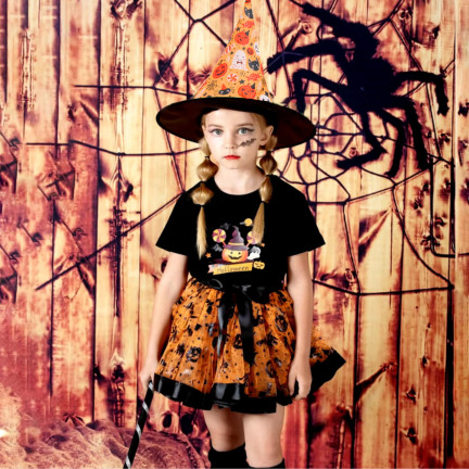 Převlek čarodějnice, kostým čarodějnice, oranžovo-černý, pro dívky, na halloweenský ples, sada