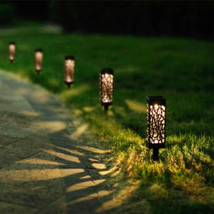 TG71286 SOLÁRNÍ ZAHRADNÍ LAMPA 6PCS OPENWORK LED LUCERNA POHÁNĚNÁ POST ČERNÁ