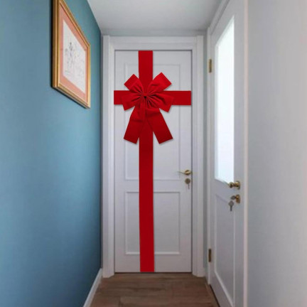 Ozdobná mašle na dveře, červená, elegantní, velurová, se suchým zipem a stuhou