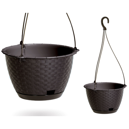 DSPW230-S433 23 cm round anthracite rattan hanging planter with hook, 3 L