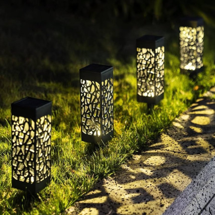 TG71286 SOLÁRNÍ ZAHRADNÍ LAMPA 6PCS OPENWORK LED LUCERNA POHÁNĚNÁ POST ČERNÁ