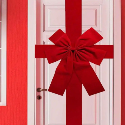 Ozdobná mašle na dveře, červená, elegantní, velurová, se suchým zipem a stuhou
