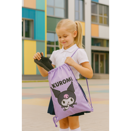 KUR3  WOREK SZKOLNY GIMNASTYCZNY FIOLETOWY KUROMI SANRIO NA OBUWIE BUTY STRÓJ DO SZKOŁY ST.MAJEWSKI