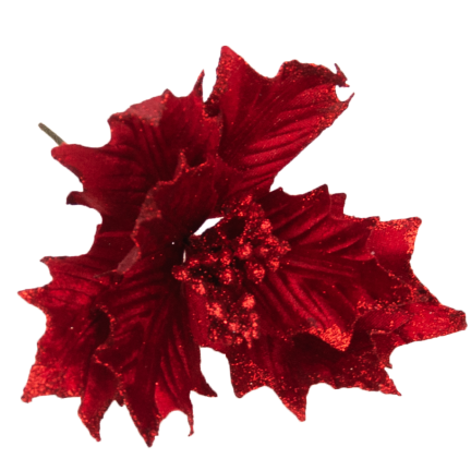 CV09145-3 BETLÉMSKÁ HVĚZDA NA PÍRKU POINSETTIE PŘEVRÁCENÁ BROKÁTOVÁ OZDOBA NA RÁKOSU