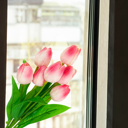 CV26807-8 Frothy TULIPAN BUNCH X7 rosa ARTIFICIAL TULIPS IN A BUNCH