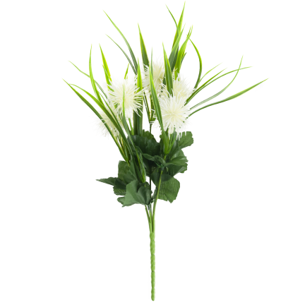 CV31741-1 decorative sprig  grass, leaves, thistle, flower heads, white