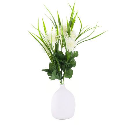 CV31741-1 decorative sprig  grass, leaves, thistle, flower heads, white