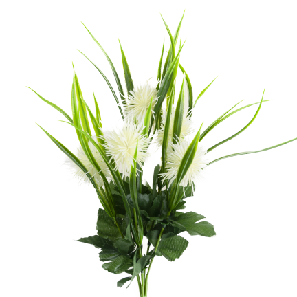 CV31741-1 decorative sprig  grass, leaves, thistle, flower heads, white