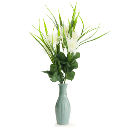 CV31741-1 decorative sprig  grass, leaves, thistle, flower heads, white