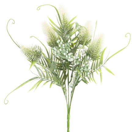CV38674-1 bouquet of grass stems, thistle leaves, and flower heads x 5, white