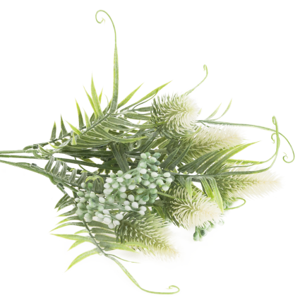 CV38674-1 bouquet of grass stems, thistle leaves, and flower heads x 5, white