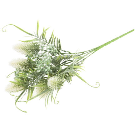 CV38674-1 bouquet of grass stems, thistle leaves, and flower heads x 5, white