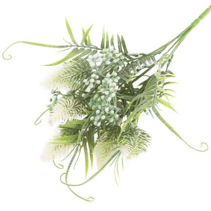 CV38674-1 bouquet of grass stems, thistle leaves, and flower heads x 5, white