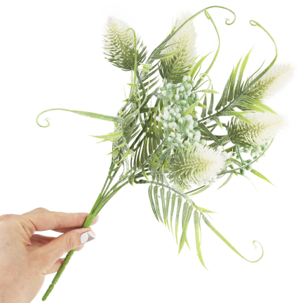 CV38674-1 bouquet of grass stems, thistle leaves, and flower heads x 5, white