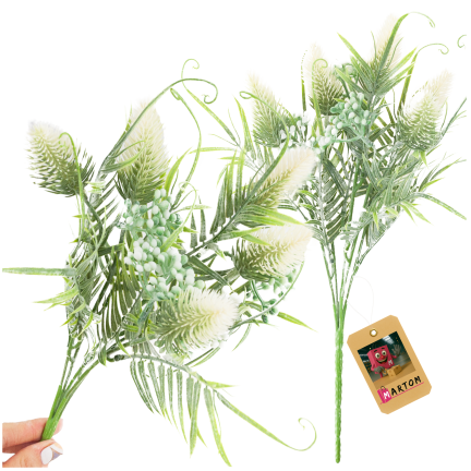 CV38674-1 bouquet of grass stems, thistle leaves, and flower heads x 5, white