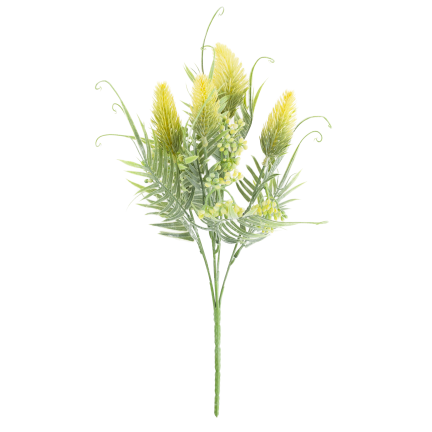 CV38674-2 bouquet of grass stems, thistle leaves, and flower heads x 5, yellow