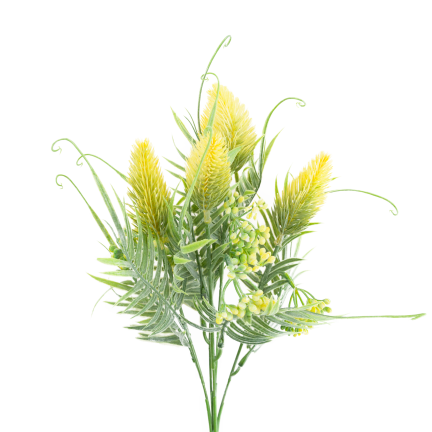 CV38674-2 bouquet of grass stems, thistle leaves, and flower heads x 5, yellow