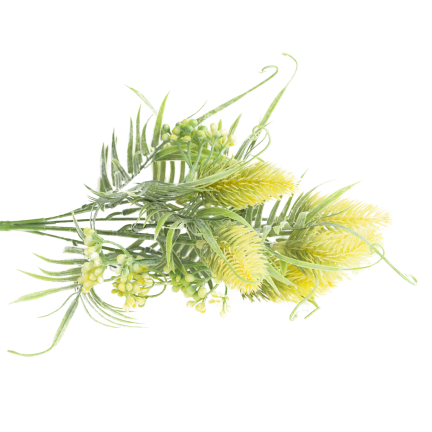 CV38674-2 bouquet of grass stems, thistle leaves, and flower heads x 5, yellow