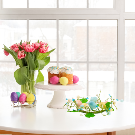 Decorative wreath, Easter decoration, with painted eggs, spring-themed, pastel colors, 23 cm