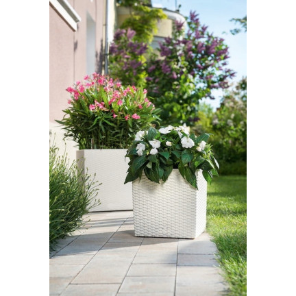 DRTS325L-S449 White Square Rattan Planter, White Rato Low Square Planter, Large Square Rattan Balcony Planter