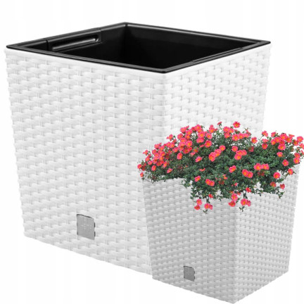 DRTS325L-S449 White Square Rattan Planter, White Rato Low Square Planter, Large Square Rattan Balcony Planter