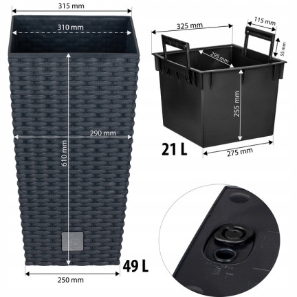 DRTS325-S433 Large Outdoor Rattan Planter, Anthracite, with Insert, Tall