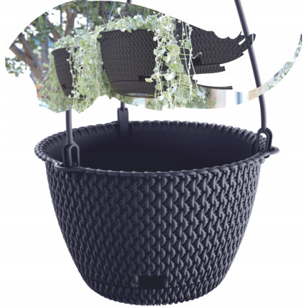 DSPW230-S433 23 cm round anthracite rattan hanging planter with hook, 3 L