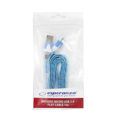 EB176B ESPERANZA MICRO USB 2.0 A-B M/M 1,0M PLOCHÝ OPLETENÝ MODRÝ KABEL