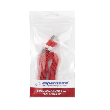 EB176R ESPERANZA MICRO USB 2.0 A-B M/M 1,0M PLOCHÝ OPLETENÝ KABEL ČERVENÝ